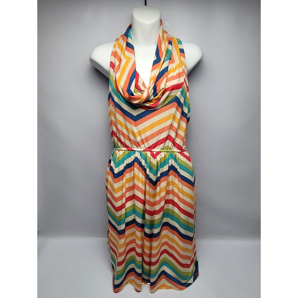 Judith March Women's Rainbow Chevron Stripe Cowl Neck Dress Large Vintage 80's